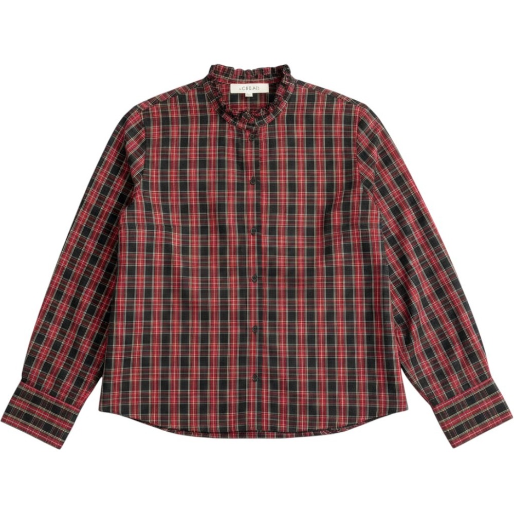 The Great Red Plaid Ruffle Neck Button Down Blouse SZ 0 Cotton Linen